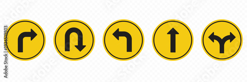 move and turn right left prohibited road sign collection, no forward and left turn allowed, move direction forbidden, red crossed circle vector pictogram