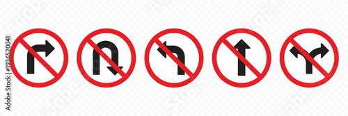 move and turn right left prohibited road sign collection, no forward and left turn allowed, move direction forbidden, red crossed circle vector pictogram