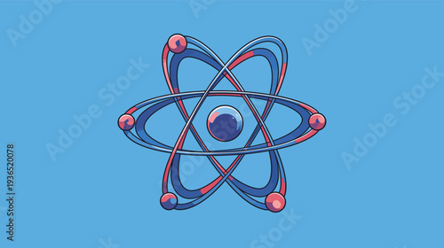Graphic shows a basic model of an atom with a central nucleus and surrounding orbits. The design uses blue and red colors.