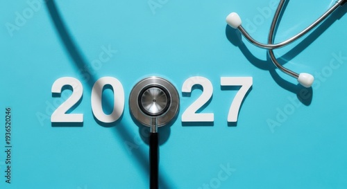 New year 2027 medical concept with stethoscope and white numbers on blue background
