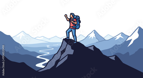 Flat 2D illustration of a hiker standing triumphantly on a mountain peak with a backpack, overlooking a winding river and majestic mountain range in the background, conveying a sense of adventure and