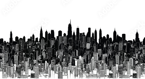 A flat 2D illustration of a city skyline in silhouette against a white background.