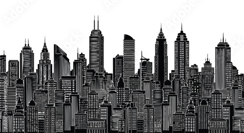 A flat 2D illustration of a city skyline featuring a seamless silhouette of skyscrapers and buildings against a white background.