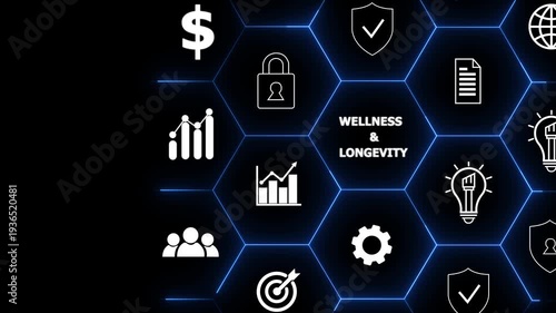 Wellness and Longevity Concept. A technology professional interacts with a digital interface displaying wellness and longevity icons, promoting health and long-term well-being .4k animation video.