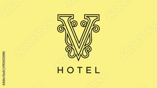 Elegant hotel logo design featuring an ornamental letter V with sophisticated flourishes on a soft yellow background.