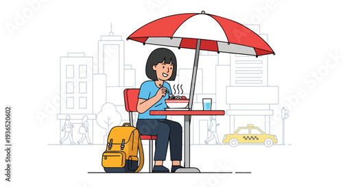 Flat 2D illustration of a woman sitting under a red and white umbrella at an outdoor table with a cityscape background, symbolizing travel and global exploration in a modern world concept.