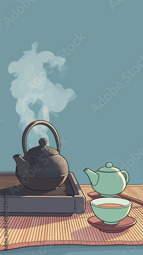 A kettle sits on a hot surface while steam comes out. Tea is poured into simple cups on a wooden table.