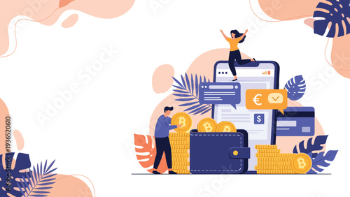 Digital wallet and cryptocurrency concept showing people managing bitcoin transactions through a mobile app on a smartphone.