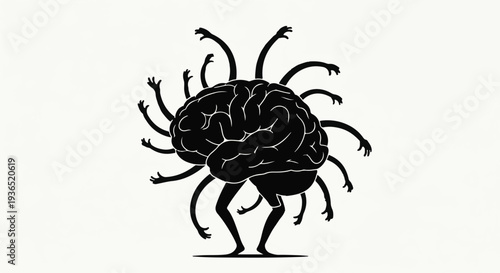 Whimsical brain character with many arms reaching out, symbolizing complex thought and creativity.