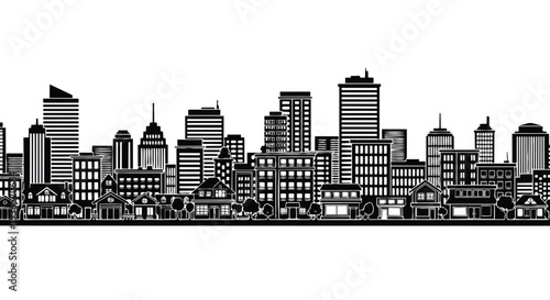 Flat 2D illustration of a city skyline in seamless silhouette against a white background.