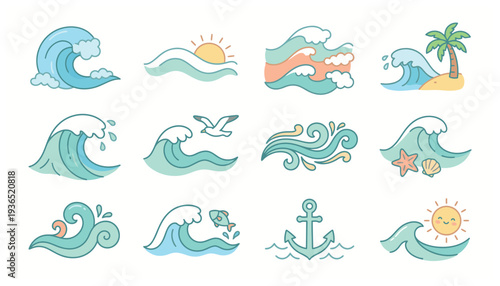 Collection of ocean wave and nautical themed illustrations.