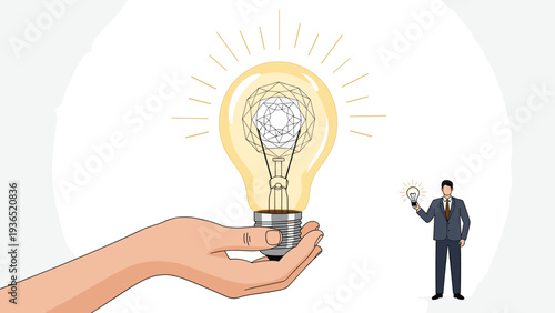 Creative business idea concept featuring a large glowing lightbulb with a diamond filament held by a hand and a small businessman character.
