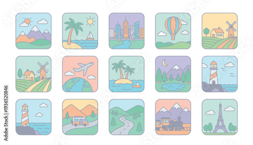 Collection of colorful travel icons featuring landmarks and landscapes.