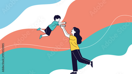 Joyful moment between mother and son playing together against a vibrant abstract wavy background of teal and coral colors in flat design style.