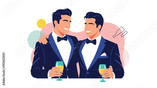 Two happy men in elegant tuxedos celebrating with glasses of champagne against a soft pink abstract background for wedding or gala events.