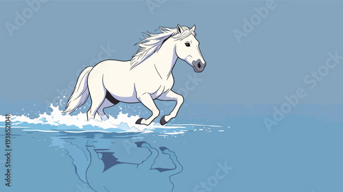 A white horse is running through shallow water, creating splashes while reflecting in the water below.