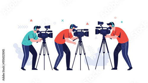 Three professional cameramen filming with video cameras on tripods during a media production against a clean white background in flat design.