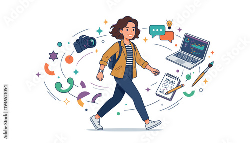 Young woman walking with digital elements and stationery floating around her.