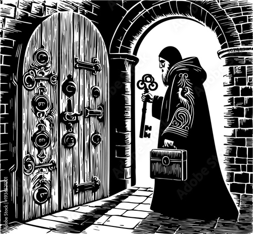 Medieval monk holding a large ornate key in front of a heavy wooden door. Vintage woodcut style black and white illustration of a monastery keeper with a briefcase