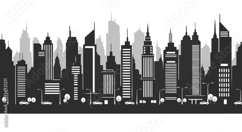 Flat 2D illustration of a city skyline in silhouette against a white background, showcasing a seamless urban landscape.