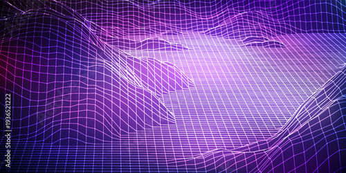 Futuristic Digital Topographic Scenery with Abstract Purple Wire Mesh Grid in Retro Cyberpunk Style in 3D Virtual Space for Data Technology Design and Innovation Background