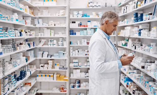 Obraz na płótnie Medicine, mature man and pharmacist at dispensary in pharmacy for stock, inventory or order