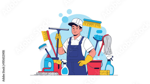 Professional male cleaner man surrounded by various cleaning supplies and equipment including brooms mops and buckets on blue background.
