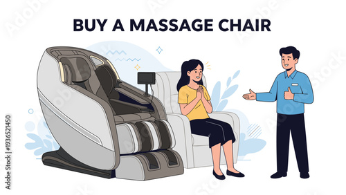 Retail scene with a professional salesman showing a high tech massage chair to a female client in a modern store for wellness products.