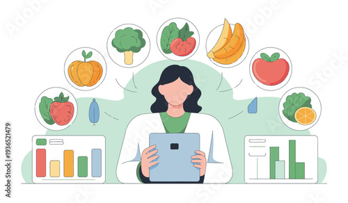 Woman analyzing nutrition data on tablet surrounded by various fruits and vegetables.