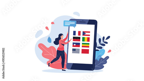 Online language learning concept with a woman interacting with various national flags on a giant smartphone screen against autumn leaves.