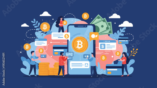 Dynamic financial technology concept with people managing bitcoin cryptocurrency and digital banking through a large smartphone device.