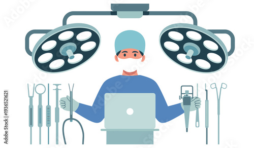 Surgeon working on laptop in operating room with medical instruments.