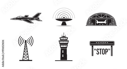 Aviation set with airplane radar airport hangar communication tower and stop sign illustration