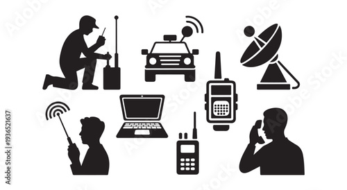 Communication technology icons with man using radio car radio laptop and satellite dish illustration