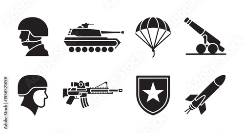 Military equipment and soldier icons with helmet tank parachute cannon rifle shield rocket illustration