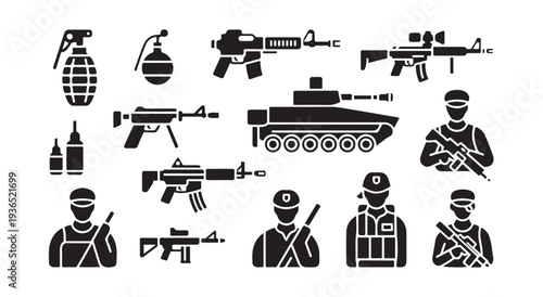 Modern military icons weapon and soldier elements for warfare or combat design