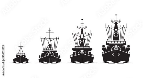 Naval warship black silhouettes military fleet icons set marine force vessel collection isolated