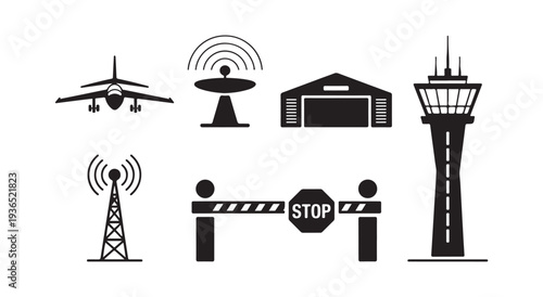 Air traffic control, airport, and radar station icons vector illustration set isolated on white