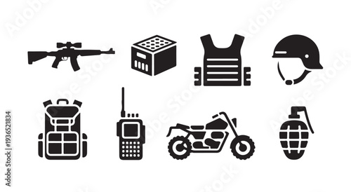 Military equipment set weapons gear supplies army uniform security black silhouettes