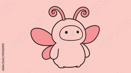 A small character with pink wings and curly antennae stands on a light background, looking cheerful and friendly.