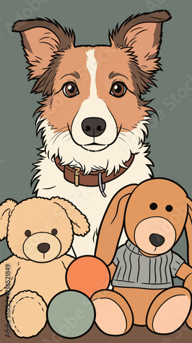 A dog looks at the camera while sitting next to two stuffed toys and three balls on a table in a green room setting.