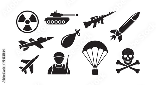 Military weapons and symbols set atomic bomb tank airplane missile skull icon black