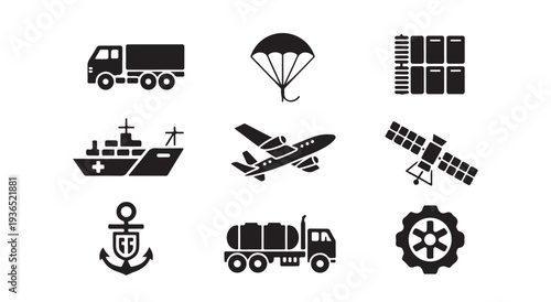 Military transport and logistics icons set cargo truck parachute medical ship satellite