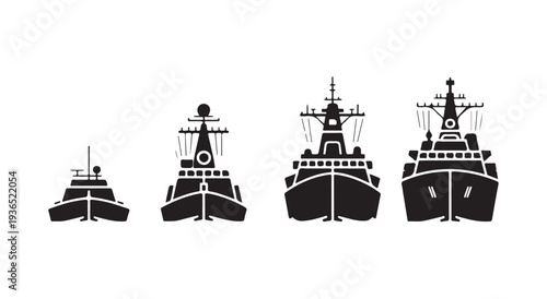 Modern warship front view silhouettes with radar antennas and naval fleet ship equipment details