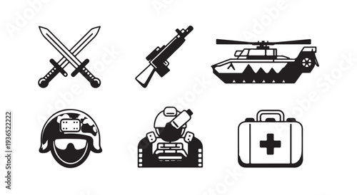 Military equipment icon set, army items, weapon and helicopter, soldier accessories black glyph icons