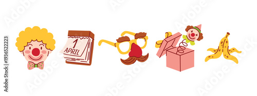 Horizontal row of funny holiday icons including clown and calendar for April 1st header designs and playful website dividers