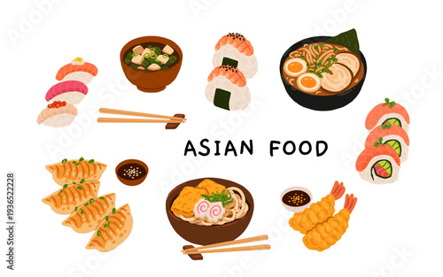 Asian food colorful hand drawn set. Meals of Japanese cuisines. Udon noodles, sushi nigiri, maki with fish, onigiri, tonkotsu ramen, shrimp tempura, miso soup.