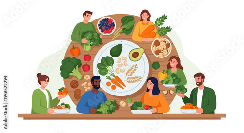 Illustration of diverse people sitting around a table with various fruits and vegetables for a National Nutrition Month campaign promoting healthy eating awareness and nutritious food.