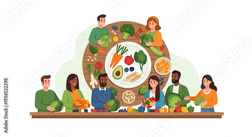 Illustration of diverse people gathered around a table with a plate of fruits and vegetables for a National Nutrition Month diet campaign promoting healthy eating awareness and nutritious