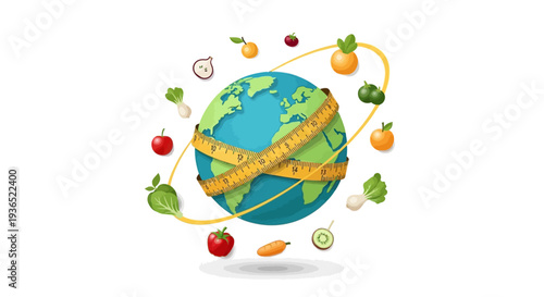 Vector illustration of a globe wrapped with a measuring tape surrounded by fruits and vegetables on a white background promoting healthy eating awareness for National Nutrition Month.
